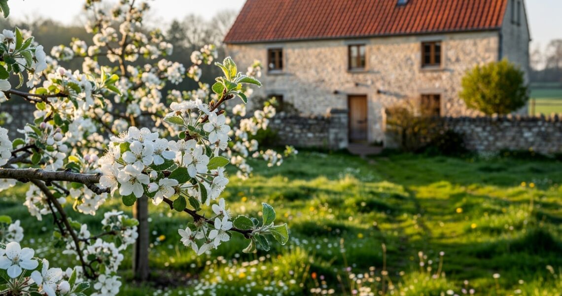 Verger belge au printemps avec pommiers en fleurs