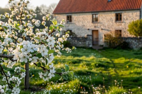 Verger belge au printemps avec pommiers en fleurs