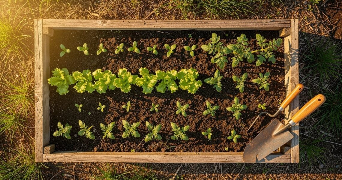 Petit potager surélevé au printemps avec semis de tomates, salades et radis