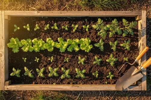 Petit potager surélevé au printemps avec semis de tomates, salades et radis