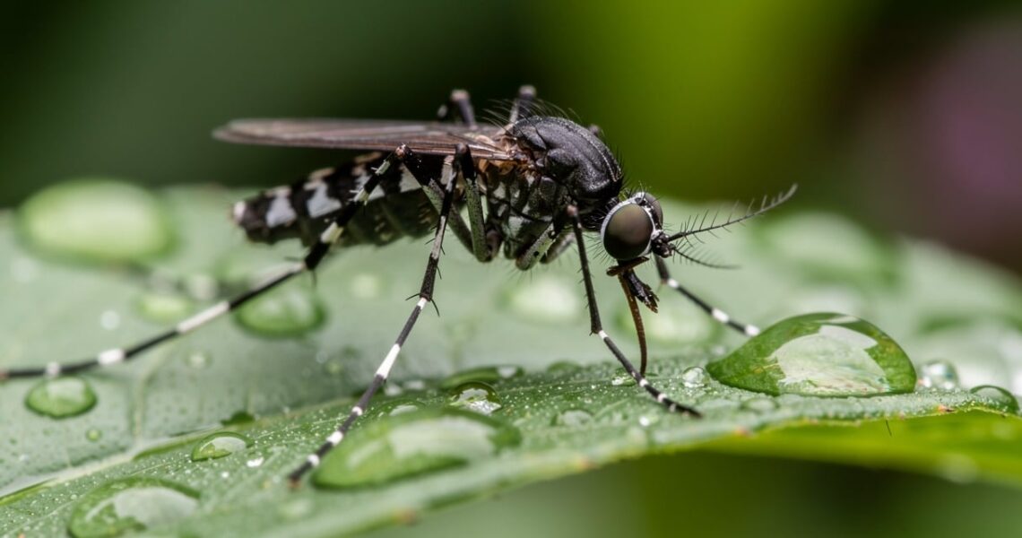 Moustique tigre Aedes albopictus posé sur une feuille verte dans un jardin