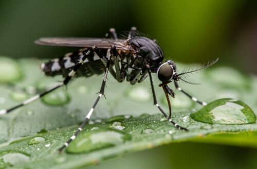 Moustique tigre Aedes albopictus posé sur une feuille verte dans un jardin