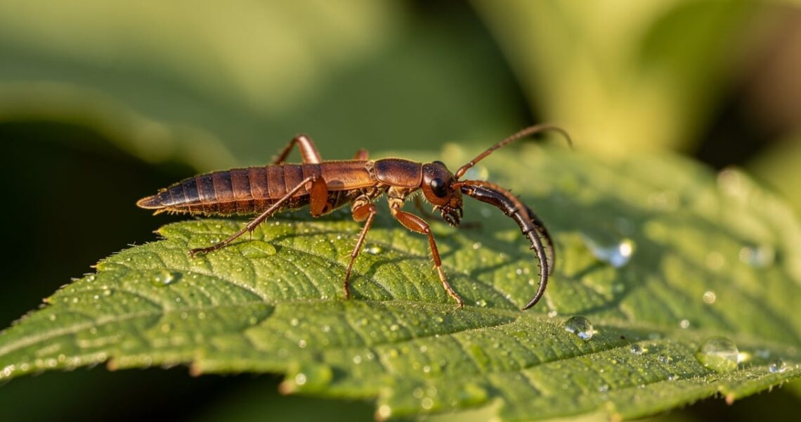 Perce-oreille (forficule) brun rougeâtre posé sur une feuille verte du jardin avec ses pinces caractéristiques visibles