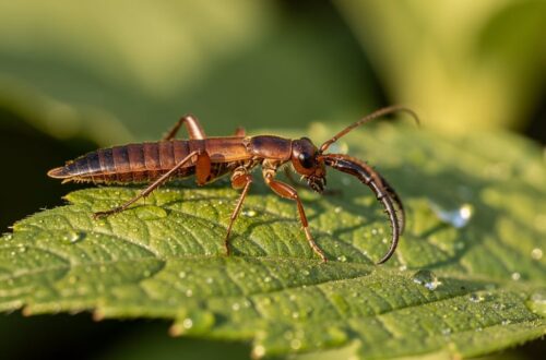 Perce-oreille (forficule) brun rougeâtre posé sur une feuille verte du jardin avec ses pinces caractéristiques visibles