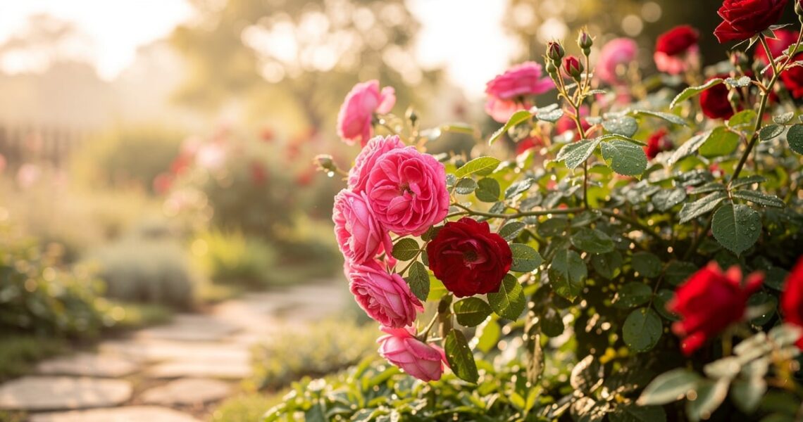 Rosiers en pleine floraison dans un jardin au printemps