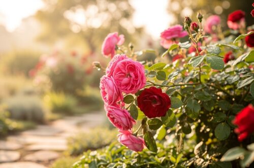 Rosiers en pleine floraison dans un jardin au printemps