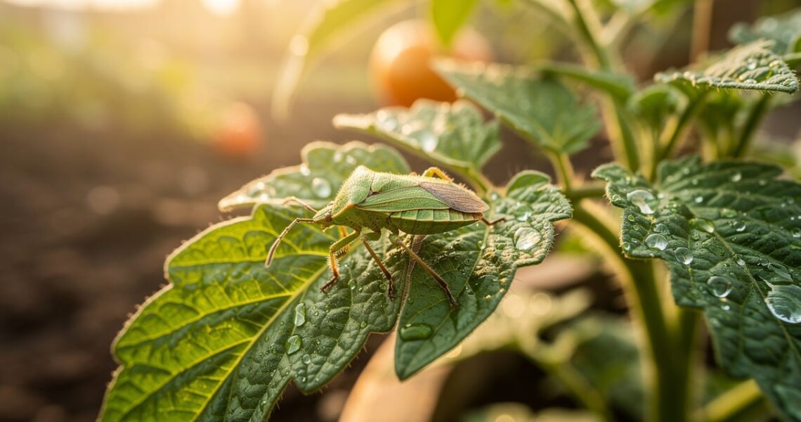 Punaise verte Palomena prasina posée sur une feuille de tomate dans un potager belge