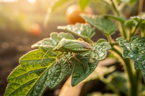 Punaise verte Palomena prasina posée sur une feuille de tomate dans un potager belge
