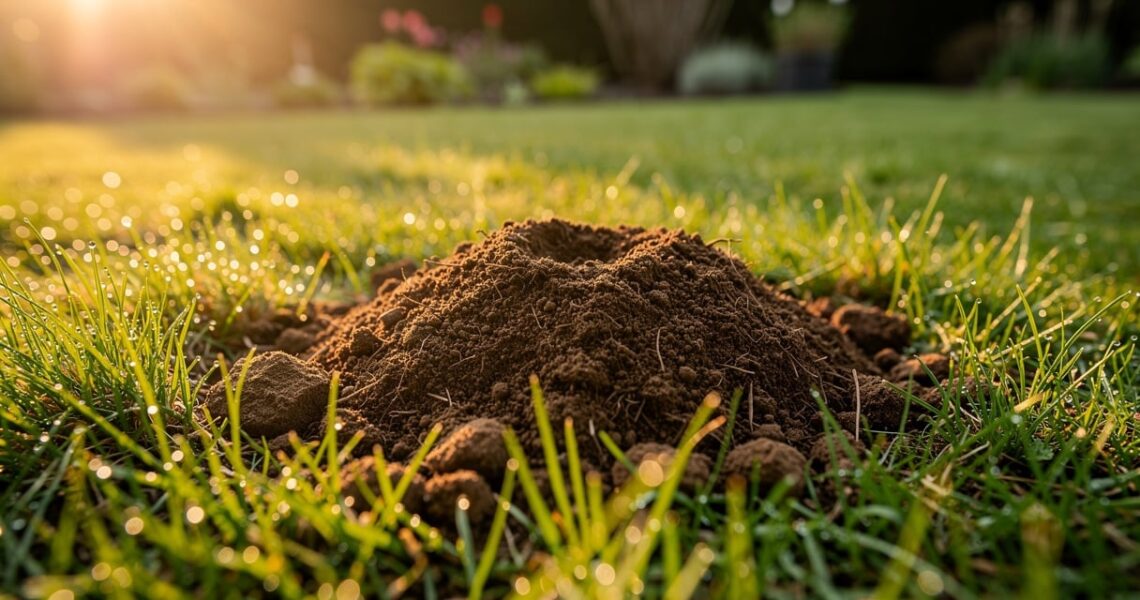 Taupinière fraîche dans une pelouse de jardin au printemps