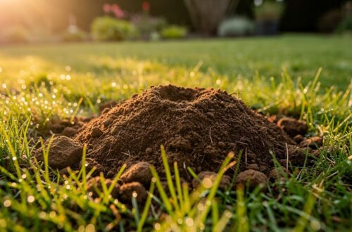 Taupinière fraîche dans une pelouse de jardin au printemps