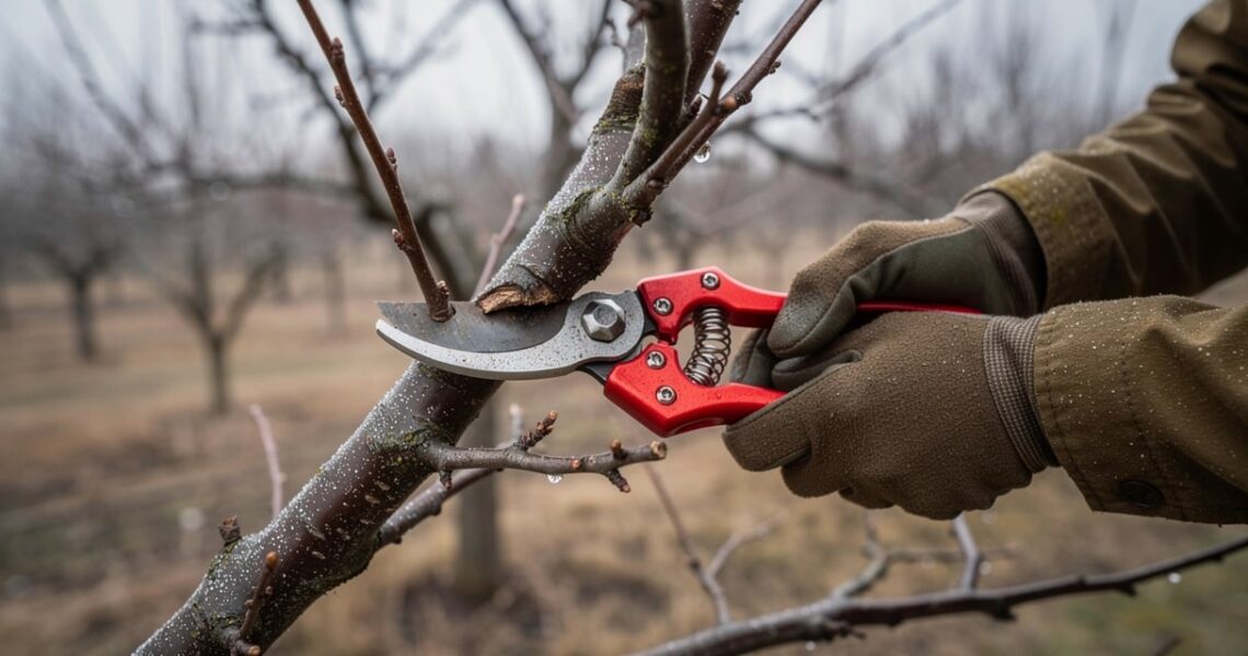 Sécateur taillant une branche de pommier en hiver