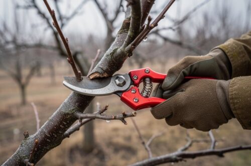 Sécateur taillant une branche de pommier en hiver