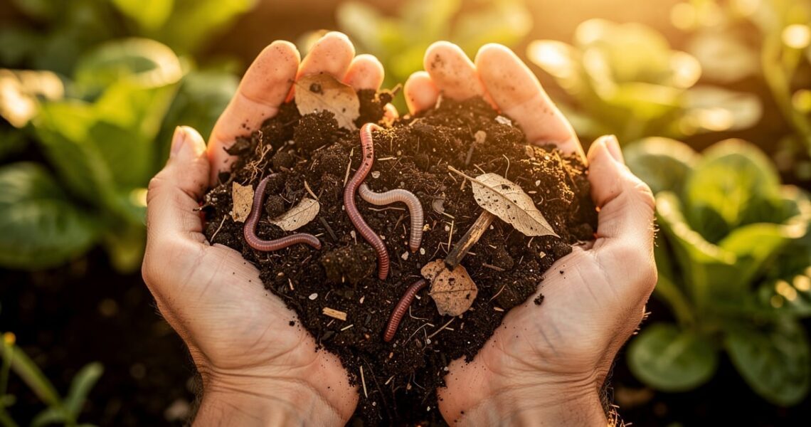 Mains tenant du compost mur riche en humus au-dessus d un potager