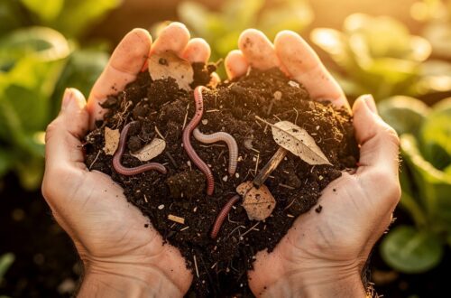 Mains tenant du compost mur riche en humus au-dessus d un potager