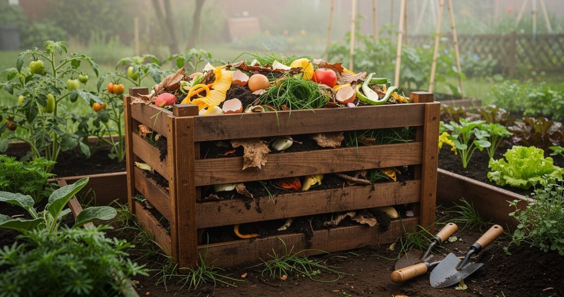 Composteur en bois rempli de déchets organiques dans un jardin potager