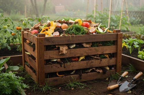 Composteur en bois rempli de déchets organiques dans un jardin potager