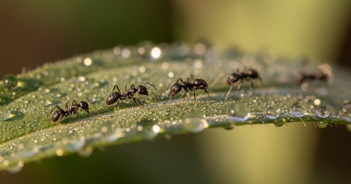 Fourmis noires des jardins (Lasius niger) marchant sur une feuille verte au matin