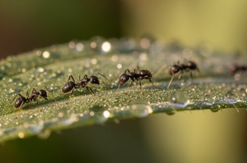 Fourmis noires des jardins (Lasius niger) marchant sur une feuille verte au matin