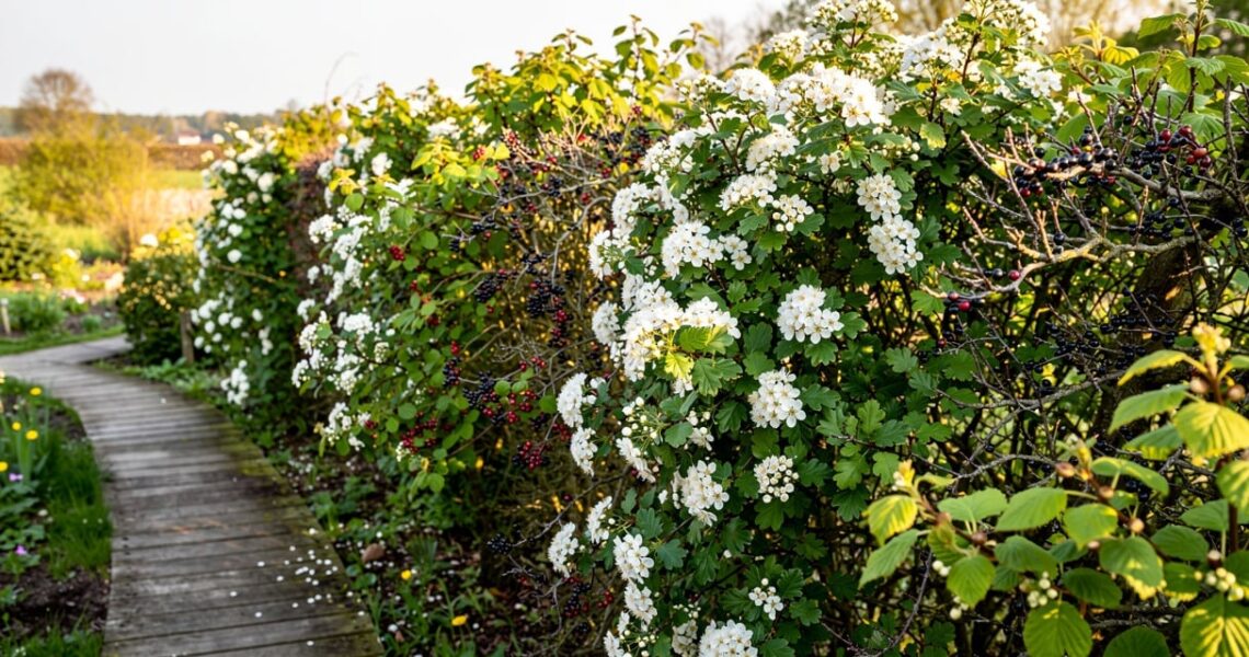 Haie naturelle fleurie composée d'arbustes indigènes belges en bordure de jardin