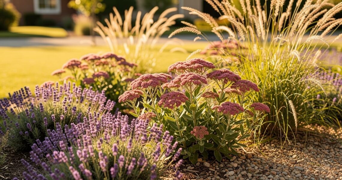 Jardin sec ensoleillé avec lavande, sédum et graminées sur paillage de gravier