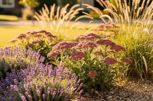 Jardin sec ensoleillé avec lavande, sédum et graminées sur paillage de gravier