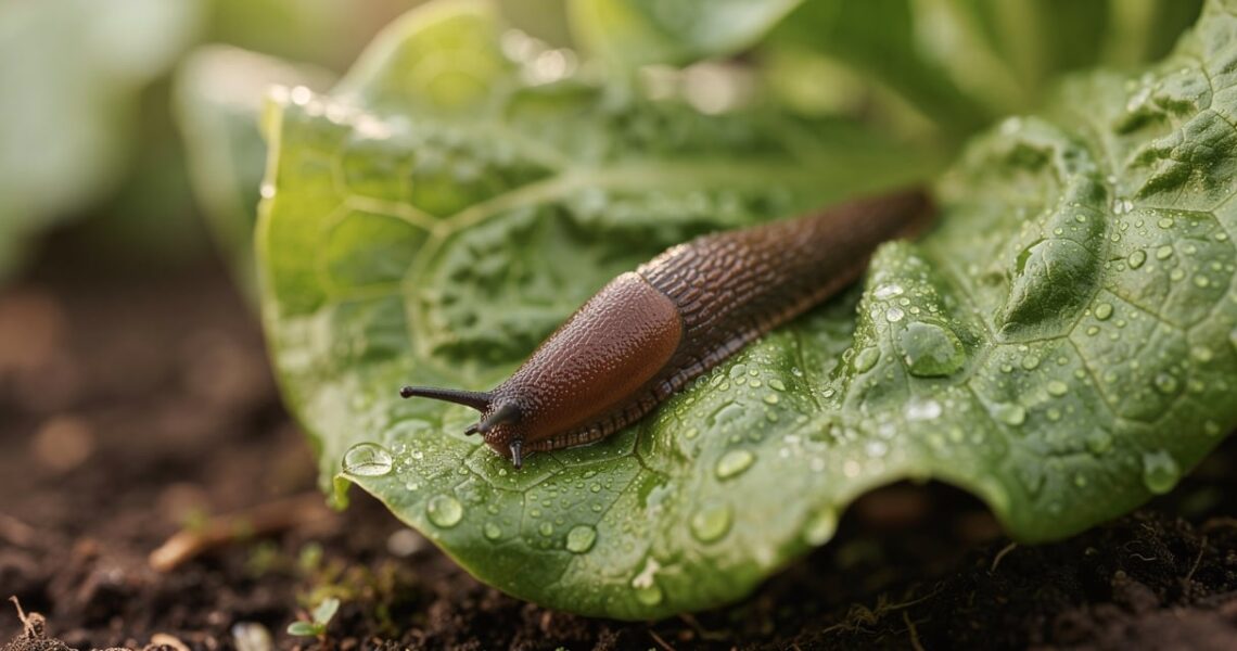 Limace sur une feuille de salade humide dans un potager au petit matin