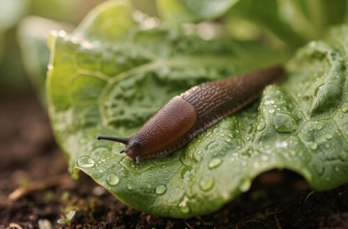 Limace sur une feuille de salade humide dans un potager au petit matin