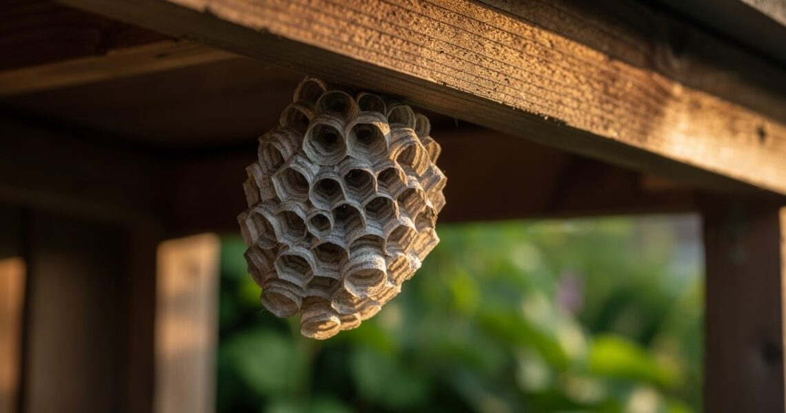 Nid de guêpes accroché sous une avancée de toit dans un jardin belge