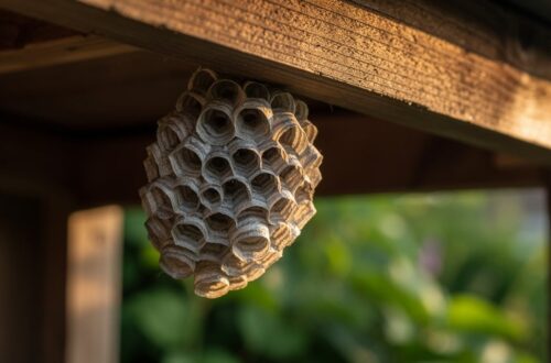 Nid de guêpes accroché sous une avancée de toit dans un jardin belge