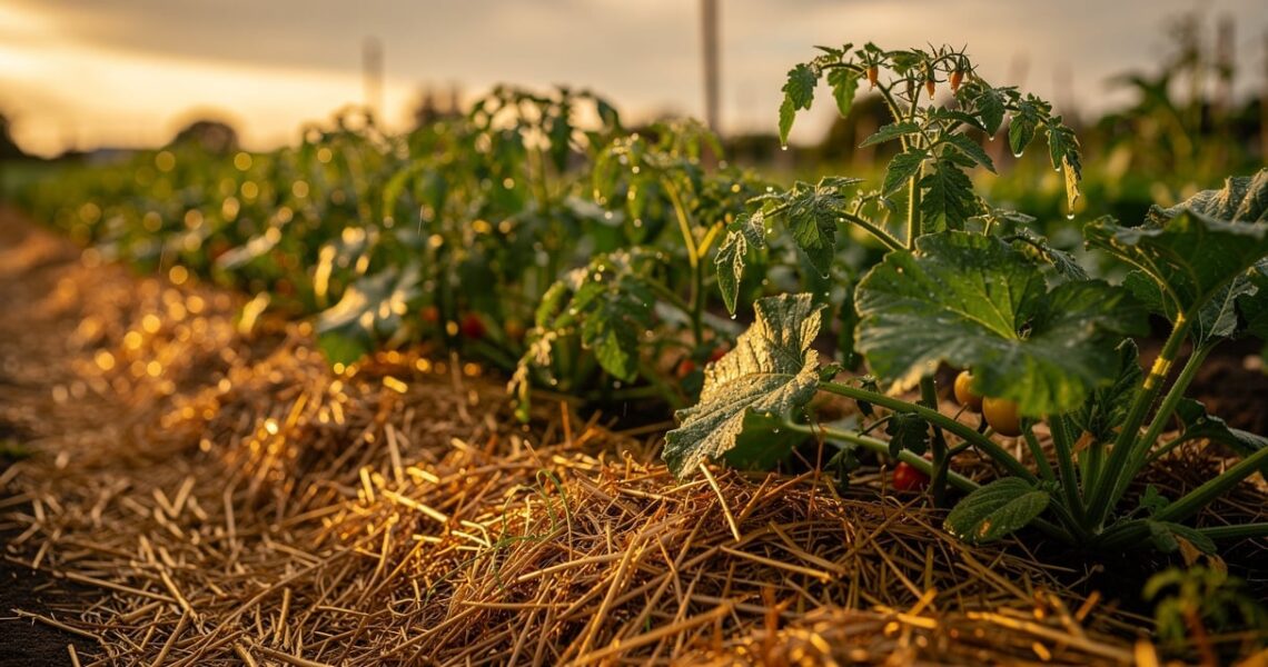 Potager paillé avec de la paille entre les rangs de légumes