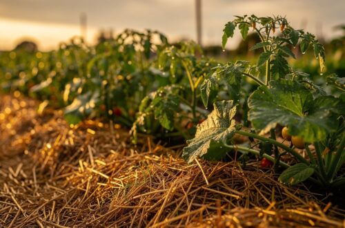Potager paillé avec de la paille entre les rangs de légumes