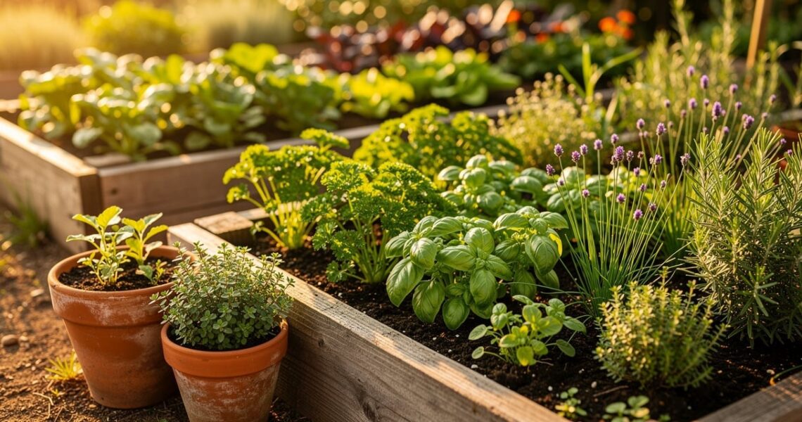 Carré de plantes aromatiques au potager avec basilic, persil et thym