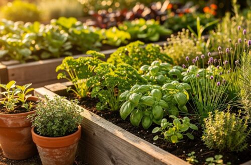 Carré de plantes aromatiques au potager avec basilic, persil et thym