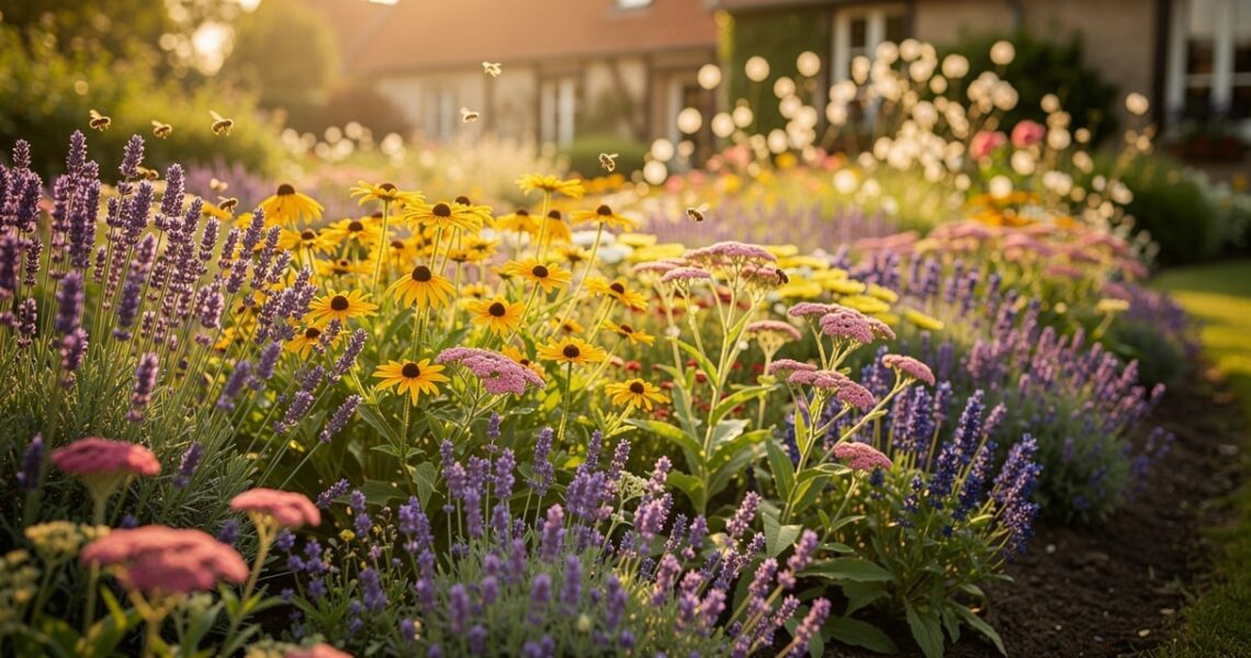 Massif de plantes vivaces faciles d entretien avec lavande rudbeckia et achillée dans un jardin belge en été