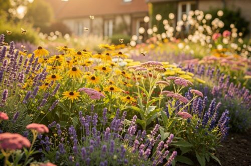 Massif de plantes vivaces faciles d entretien avec lavande rudbeckia et achillée dans un jardin belge en été