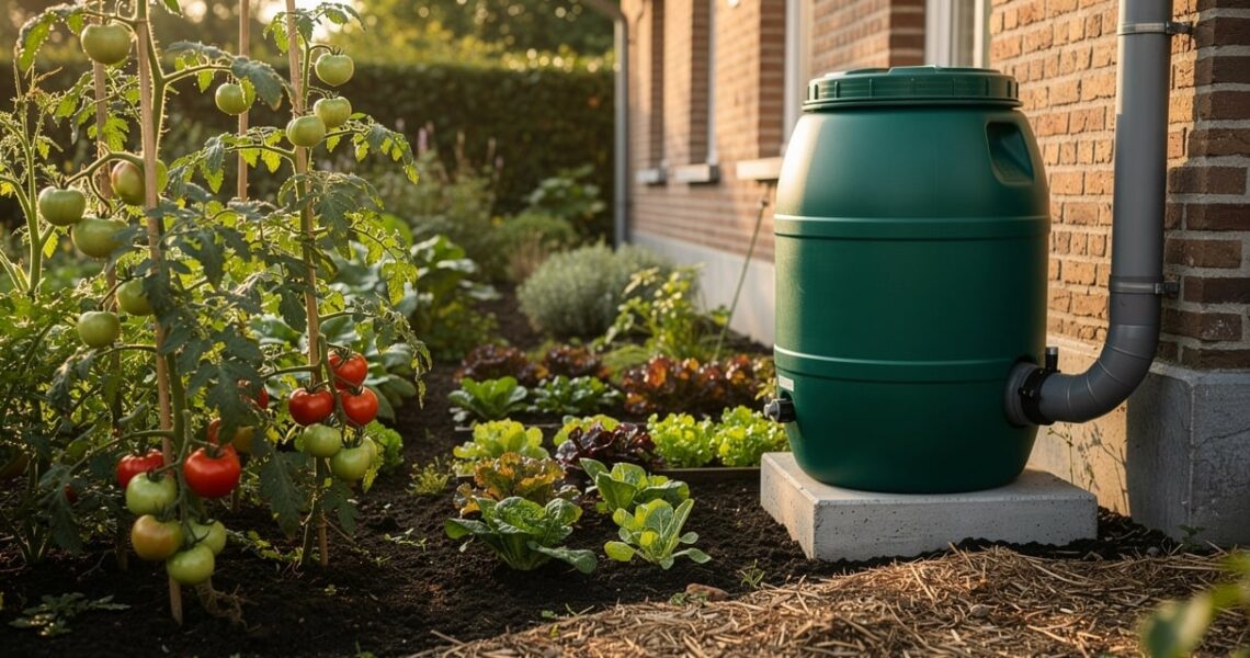 Récupérateur d'eau de pluie installé dans un jardin avec potager