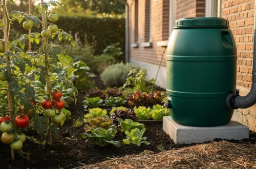 Récupérateur d'eau de pluie installé dans un jardin avec potager