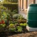 Récupérateur d'eau de pluie installé dans un jardin avec potager