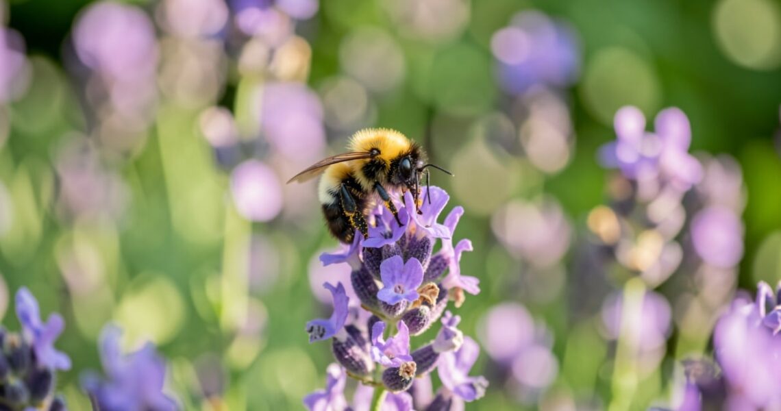 Un bourdon butine une fleur de lavande dans un jardin ensoleillé