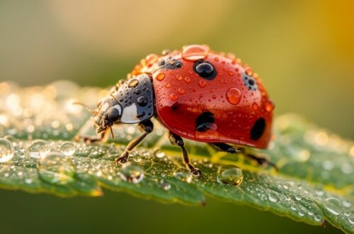 Coccinelle à sept points posée sur une feuille verte au jardin