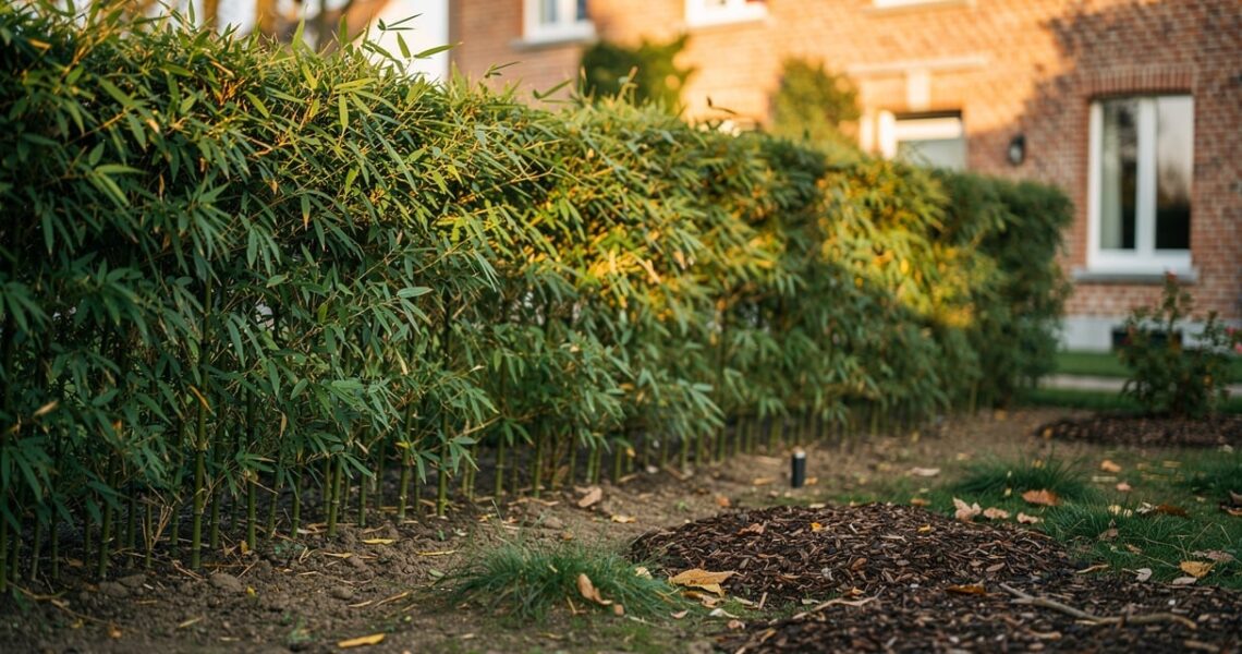 Haie de bambou dense dans un jardin belge avec maison en briques en arrière-plan