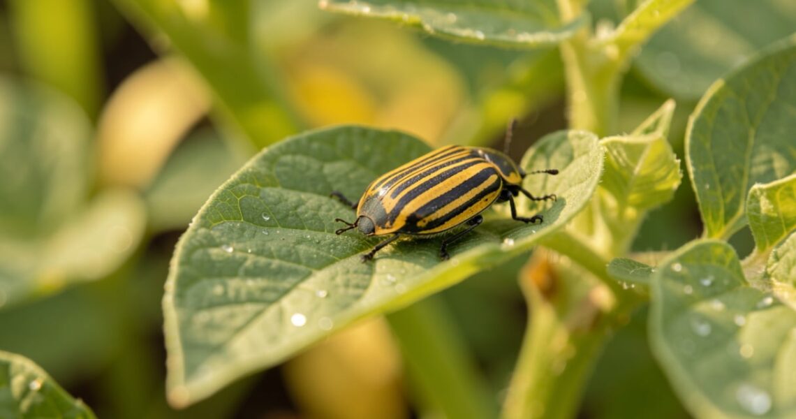 Doryphore adulte raye jaune et noir sur une feuille de pomme de terre au potager