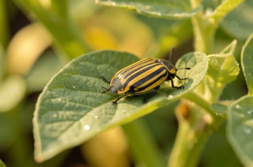 Doryphore adulte raye jaune et noir sur une feuille de pomme de terre au potager