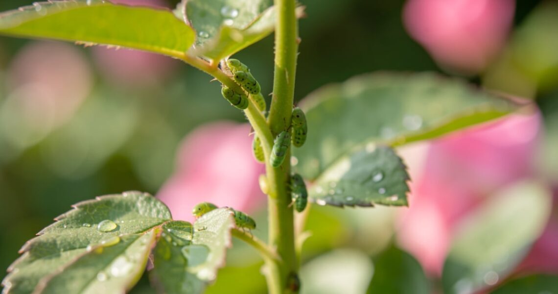 Pucerons verts agglutines sur une jeune tige de rosier au jardin