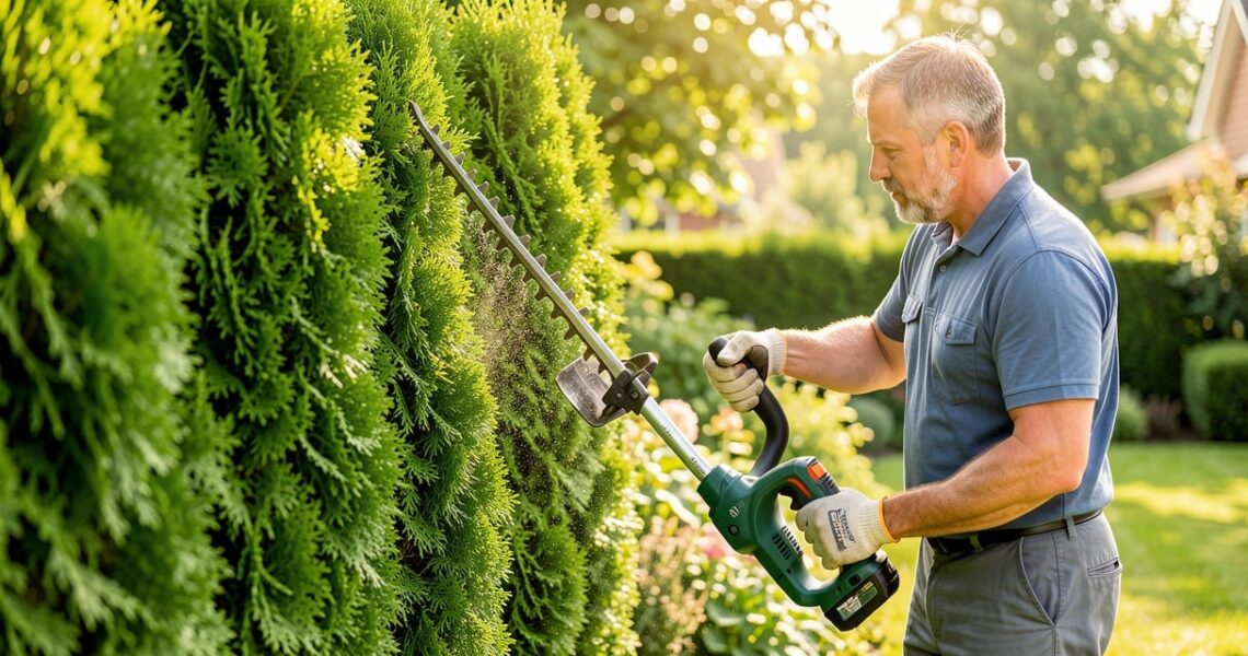 Jardinier taillant une haie de thuya au taille-haie dans un jardin