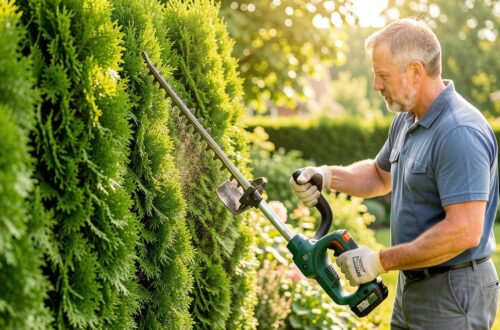 Jardinier taillant une haie de thuya au taille-haie dans un jardin
