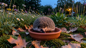 Petit hérisson d’Europe buvant dans une soucoupe d’eau au milieu d’un jardin écologique belge au crépuscule, près d’une haie champêtre et d’un tas de feuilles.