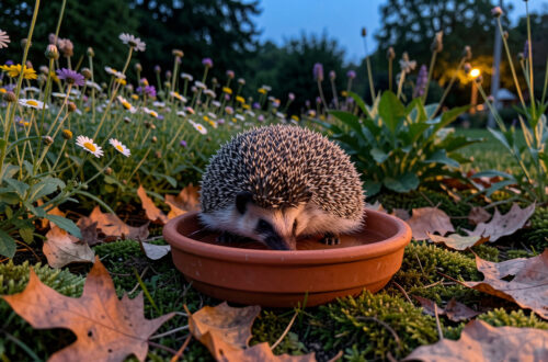 Petit hérisson d’Europe buvant dans une soucoupe d’eau au milieu d’un jardin écologique belge au crépuscule, près d’une haie champêtre et d’un tas de feuilles.