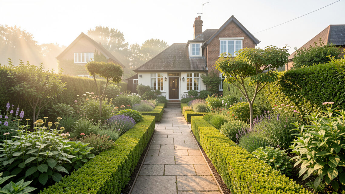 Jardin soigné autour d’une maison, allées bien tracées et massifs taillés, ambiance lumineuse naturelle et douce.