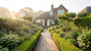 Jardin soigné autour d’une maison, allées bien tracées et massifs taillés, ambiance lumineuse naturelle et douce.